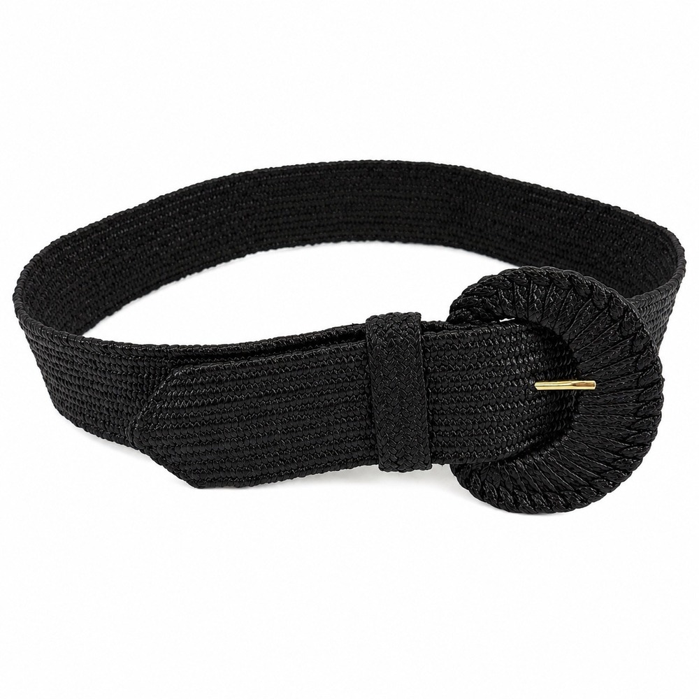 Vintage 90s Black Woven Stretch Belt Oversized Wrapped Buckle Boho Resort Style